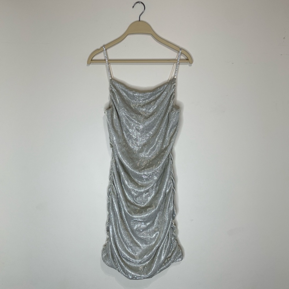Y2K Silver Metallic Cowl Neck Party Dress Akira size L Stretch Adjustable Straps